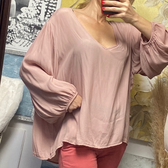 Oversized Balloon Long Sleeve Oversized Top Italy Blush Pink Viscose V-neck Boho - Picture 5 of 11